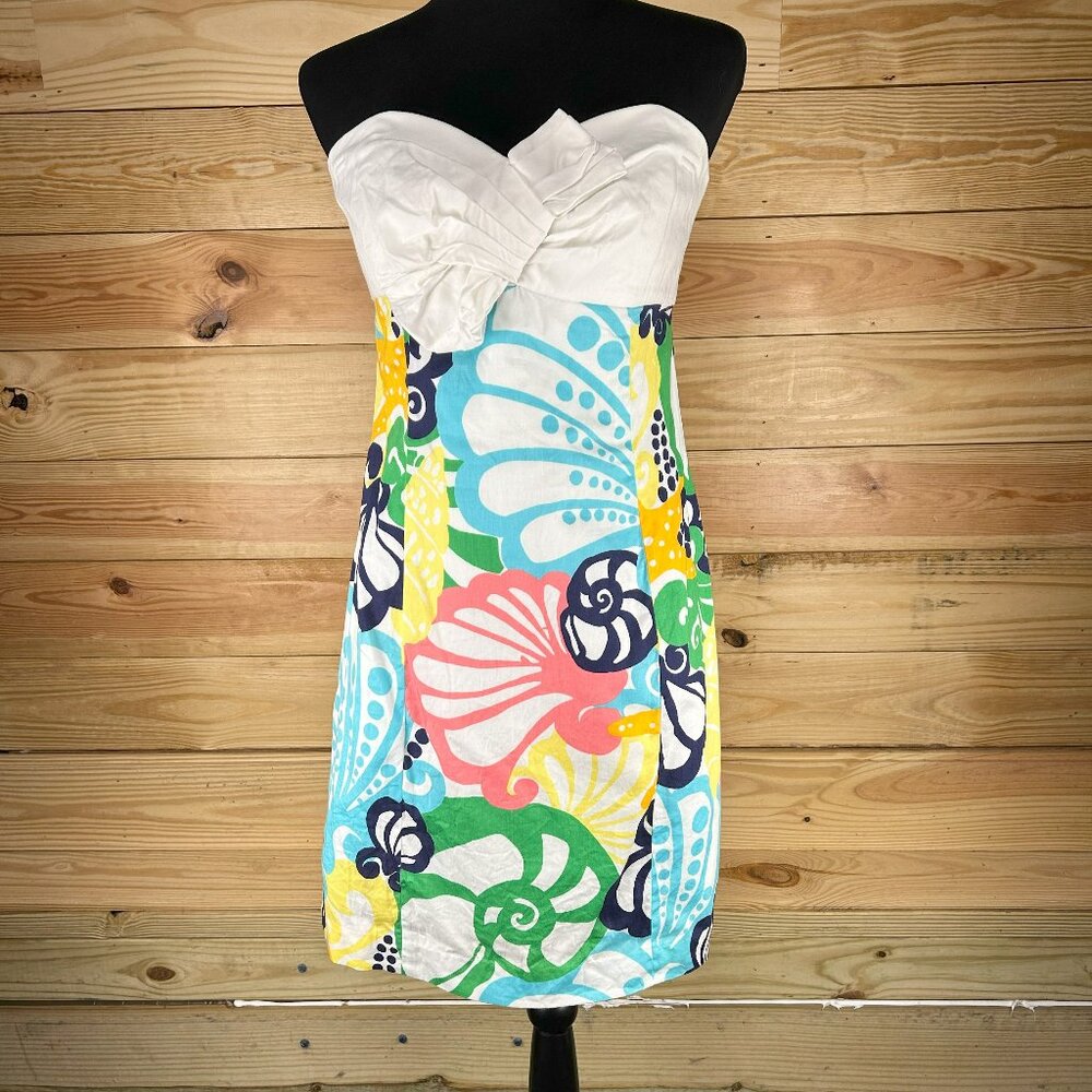 Lilly Pulitzer Strapless Sweetheart Dress in White, Coral, Aqua, Yellow & Navy
